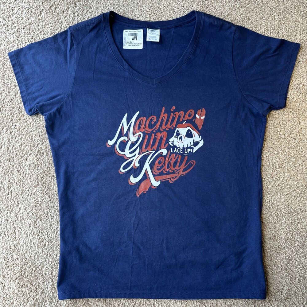 Machine Gun Kelly T Shirt “Lace Up” Woman’s XL Navy Blue V-Neck Graphic